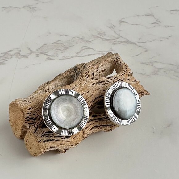 Vintage Swank 1950s Silver & Grey Mother Of Pearl Cufflinks With Ribbed Edge Des - Picture 3 of 9